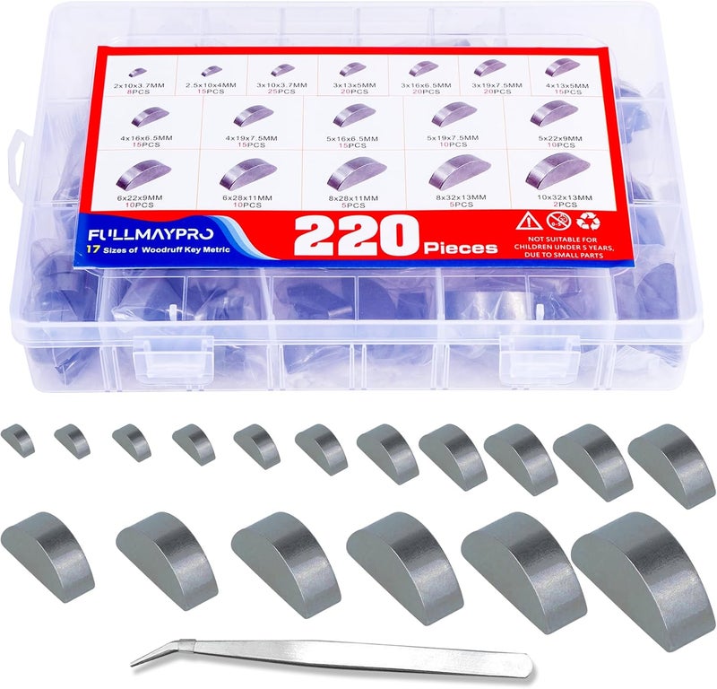 FullMayPro 220PCS Metric Woodruff Key Assortment Kit in 17 Most Popular Sizes, Woodruff semicircle Key,Half Moon Key,Shaft Crank Key,Keyway for Fasteners Mechanical Industry Crankshaft - Image 1